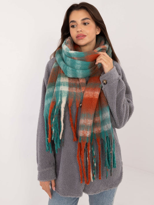 Zielono-pomarańczowy damski szal z frędzlami