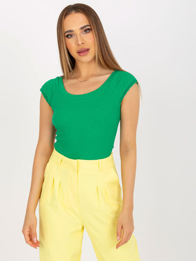 RUE PARIS Zielony bawełniany top basic w prążki