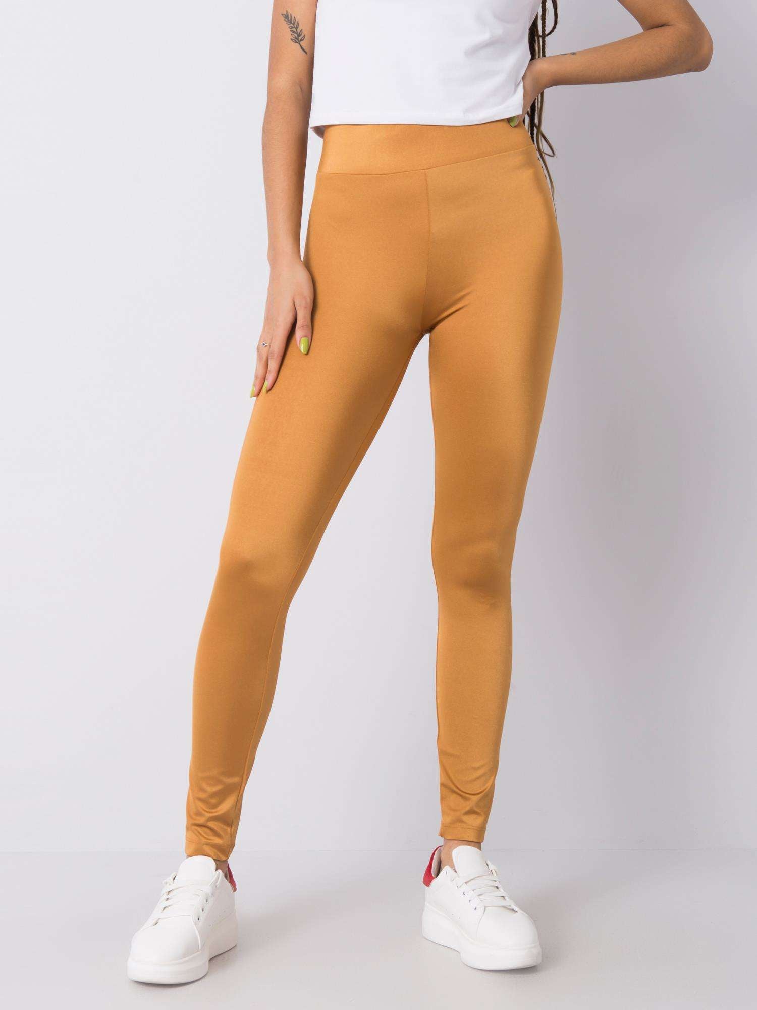 RUE PARIS Złote gładkie legginsy damskie