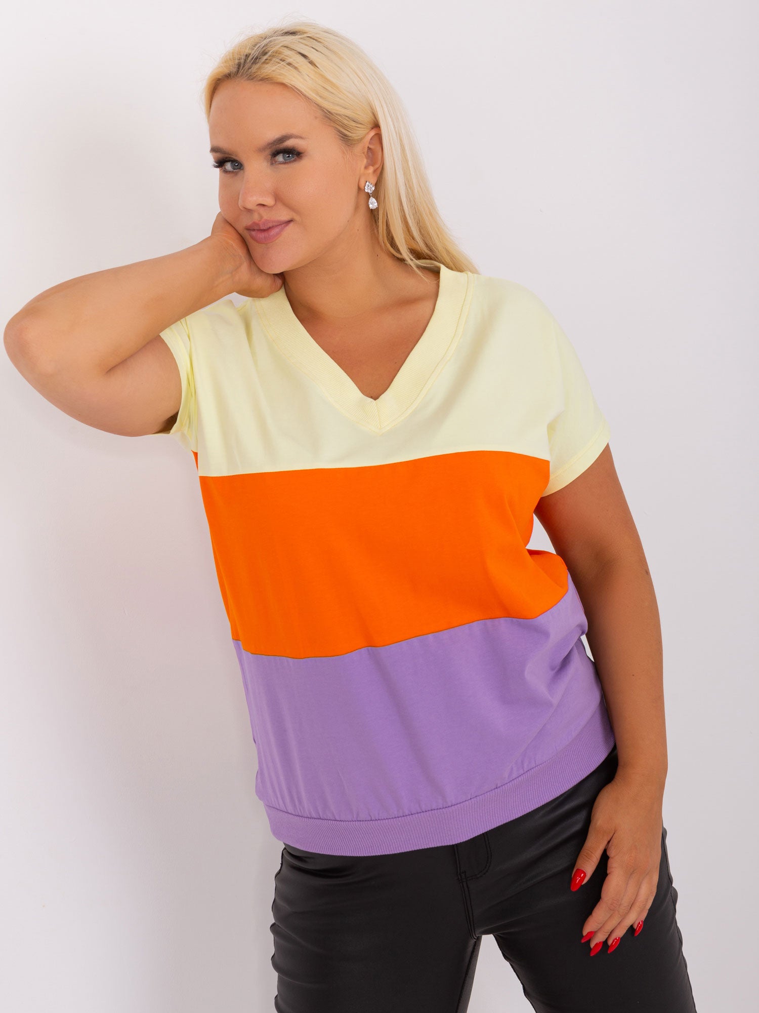 Żółto-fioletowa bluzka plus size w paski