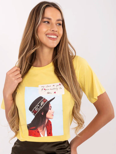 Żółty damski t-shirt z nadrukiem