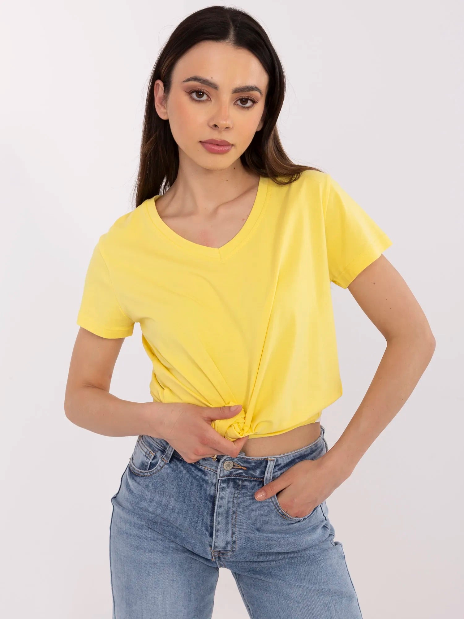 BASIC FEEL GOOD Żółty damski t-shirt z dekoltem V