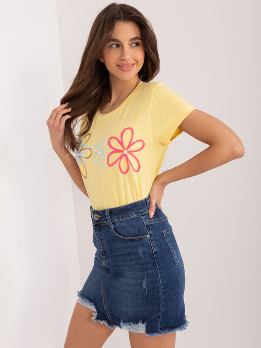 BASIC FEEL GOOD Żółty t-shirt z kwiatową aplikacją
