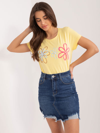 BASIC FEEL GOOD Żółty t-shirt z kwiatową aplikacją