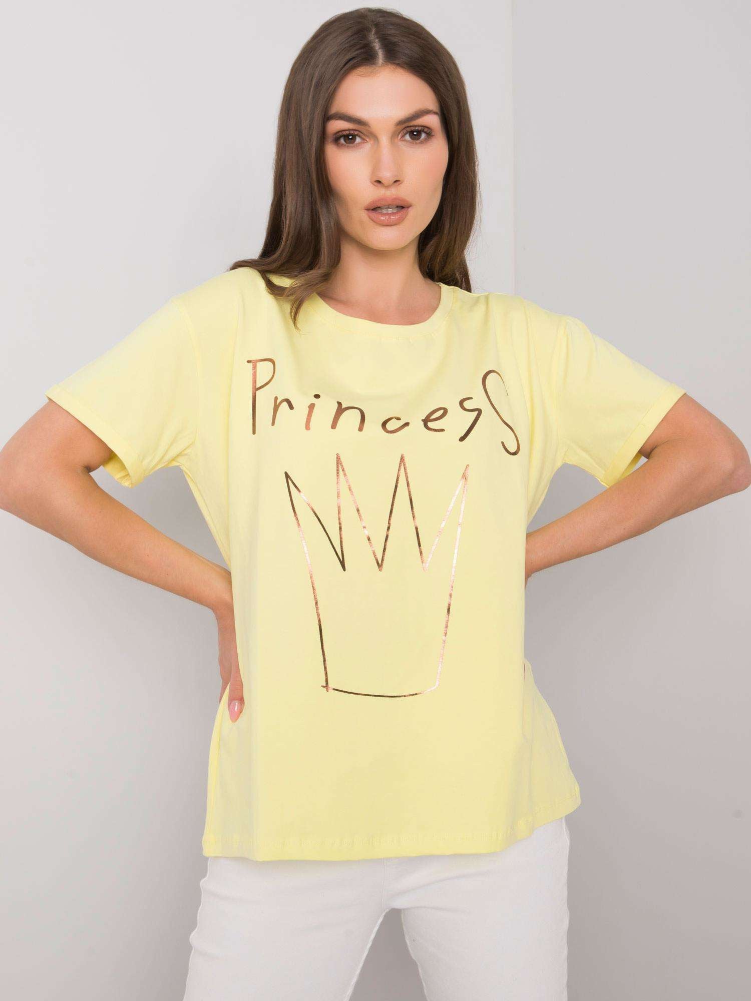 Żółty damski t-shirt bawełniany z nadrukiem